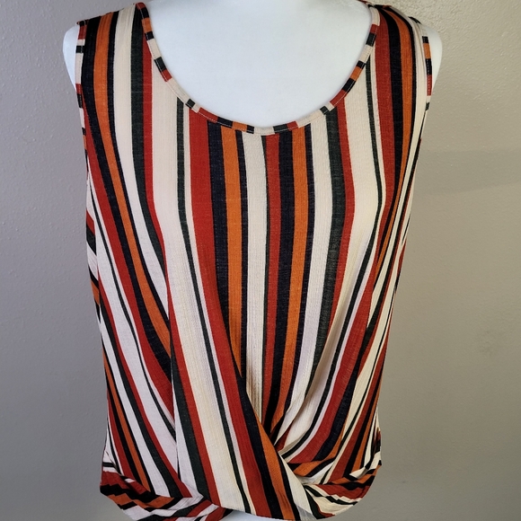 Naif Womens sz L Top Red Tan Striped Sleeveless Criss Cross Front Open Back - Picture 3 of 10